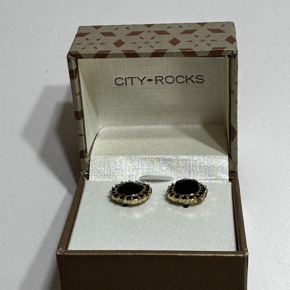 City Rocks Black Crystal Halo Stud Earrings Gold Tone Cushion Cut Post Backs